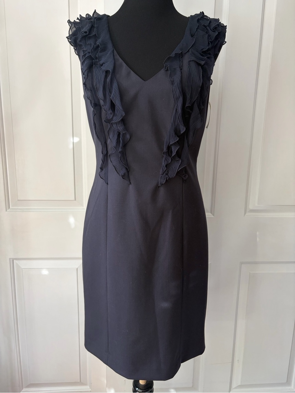 Rebecca Taylor Navy Ruffle-Trim Wool sleeveless Dress 10